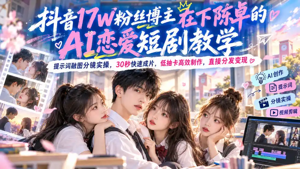 抖音17W粉丝博主在下陈卓的AI恋爱短剧教学，提示词融图分镜实操，30秒快速成片，低抽卡高效制作，直接分发变现-项目资源网