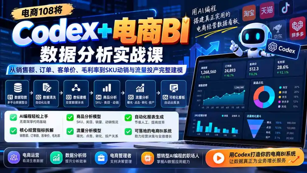 Codex+电商BI数据分析实战课-更新：从销售额、订单、客单价、毛利率到SKU动销与流量投产完整建模-项目资源网