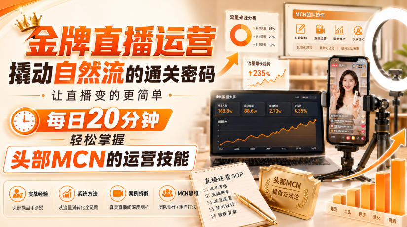 金牌直播运营撬动自然流的通关密码，让直播变的更简单，每日20分钟，轻松掌握头部MCN的运营技能-项目资源网